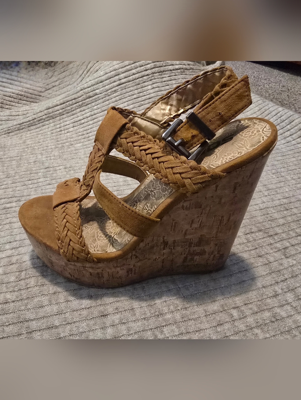 Womens Tan Braided Cork Wedge Heels Size 7